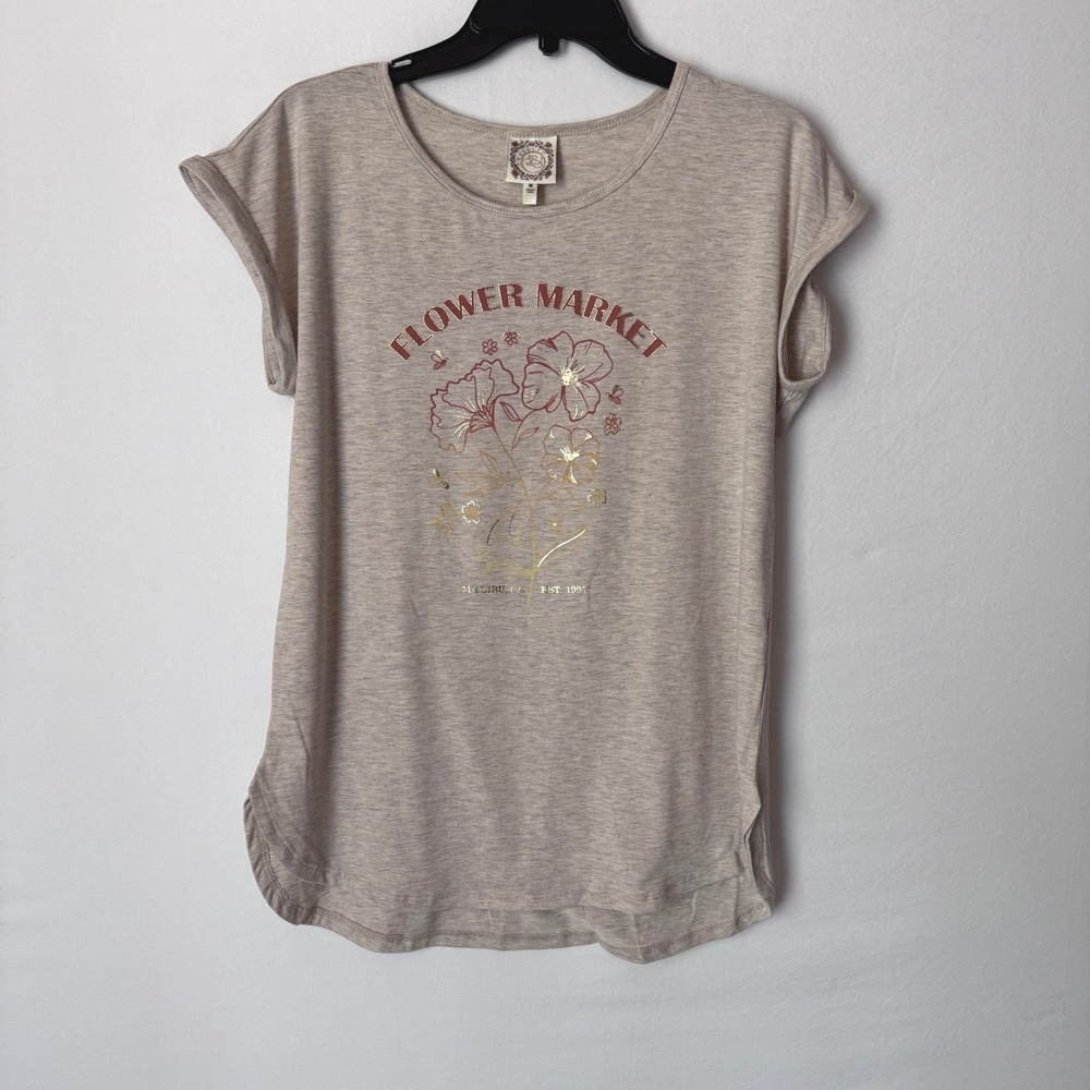 Truself  Women Graphic Tee Heather Oatmeal Gold Foil Cuffed Sleeve Size M